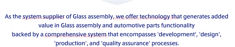 As the system supplier of Glass assembly, we offer technology that generates added value in Glass assembly and automotive parts functionality backed by a comprehensive system that encompasses 'development', 'design', 'production', and 'quality assurance' processes.